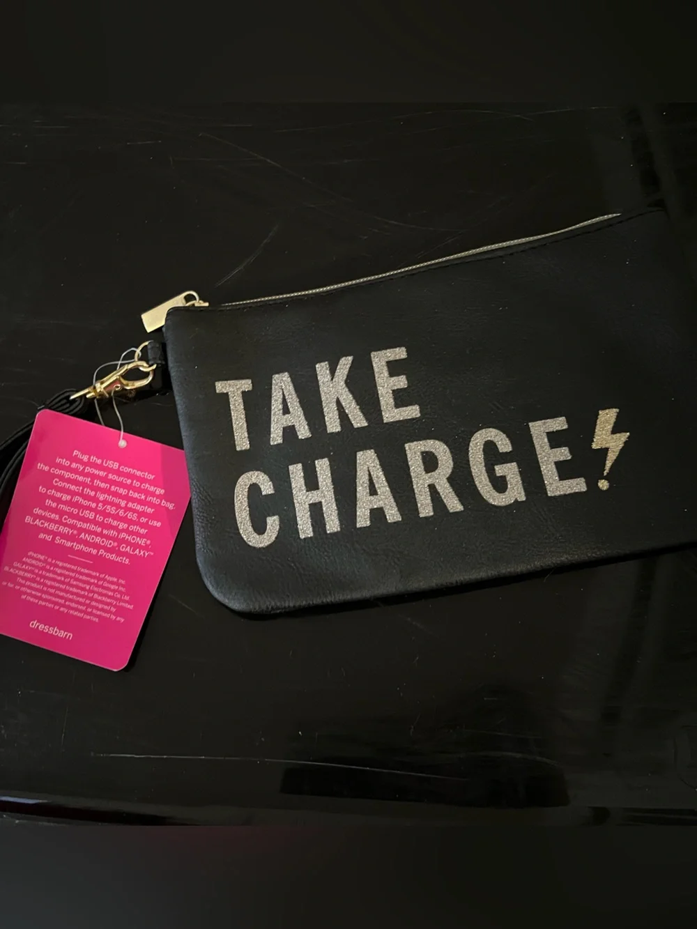 dressbarn Black Wristlet Clutch with Silver 'TAKE CHARGE' Lettering